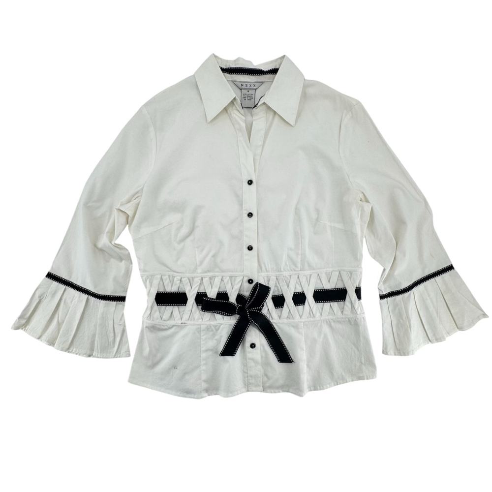 Vintage Y2K Ivory Button Front Top Ribbon Waist Tie Bell Sleeves Coquette Medium